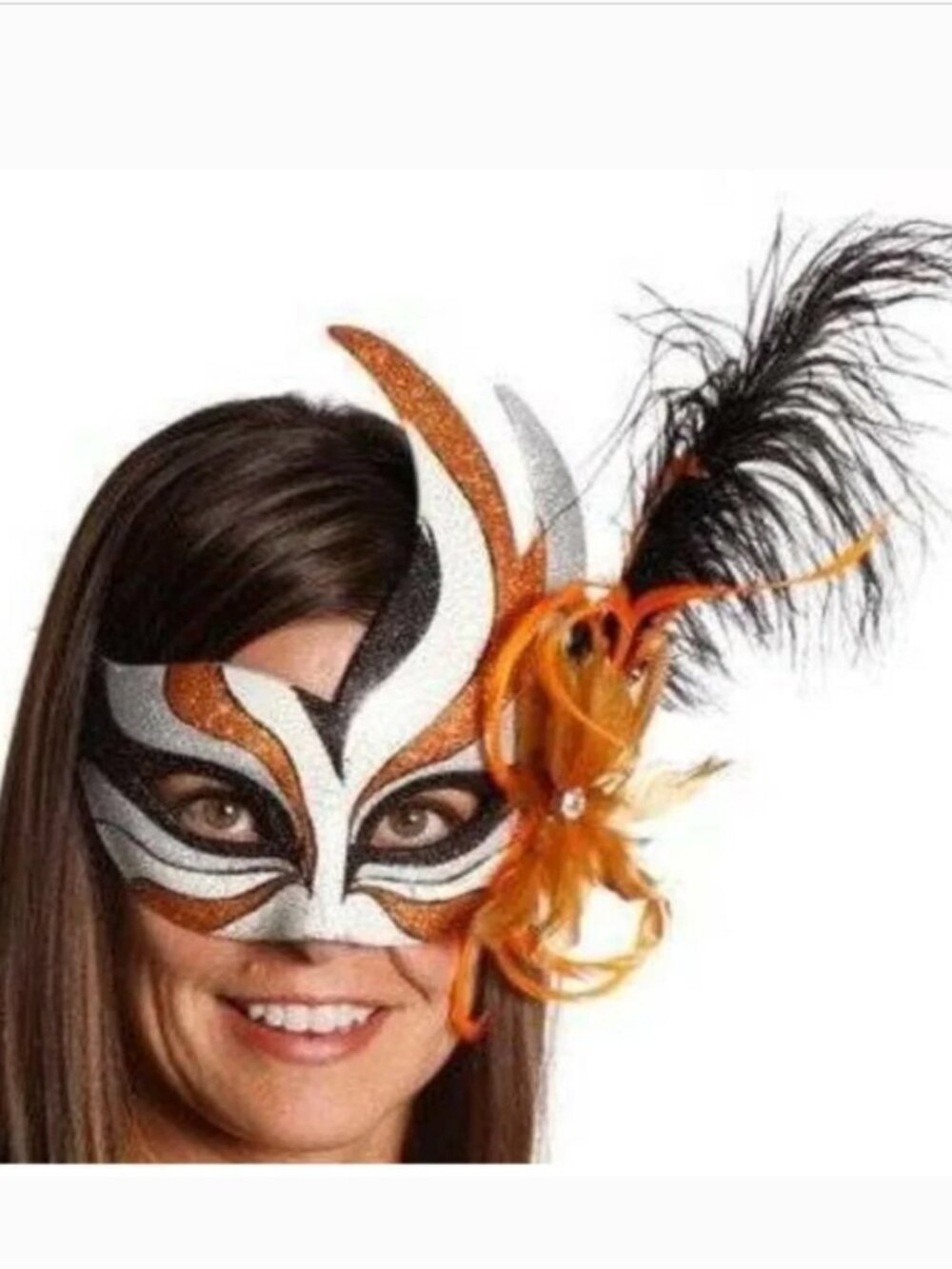 Masquerade Mask Halloween Mardi Gras White & Orange Feather Bird Ceramic Party